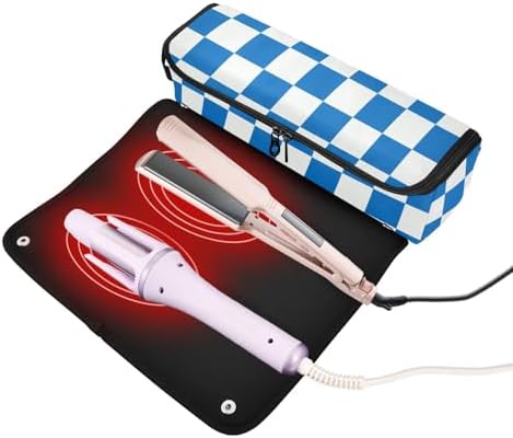 Checkerboard White Blue Plaid Hair Tools Travel Bag Portable Carrying Case Travel Pouch Organizer with Heat Resistant Mat for Curling Iron Hair Dryer Flat Irons - Image 2