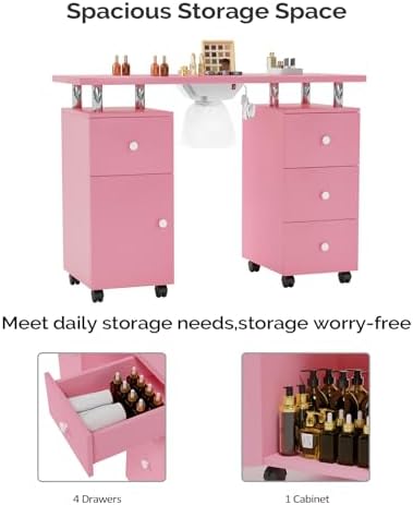 OmySalon Manicure Table Nail Desk for Nail Tech, Nail Table Station w/Electric Dust Collector, Nail Makeup Beauty Salon Storage Acetone Resistant w/Lockable Wheels,Wrist Cushion,4 Drawers&Cabinet - Image 5