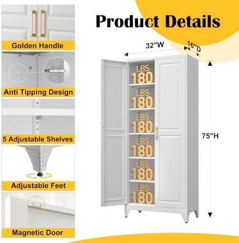 SteeLoong 75”Metal Pantry Storage Cabinet with Doors & 5 Adjustable Shelves - Image 3
