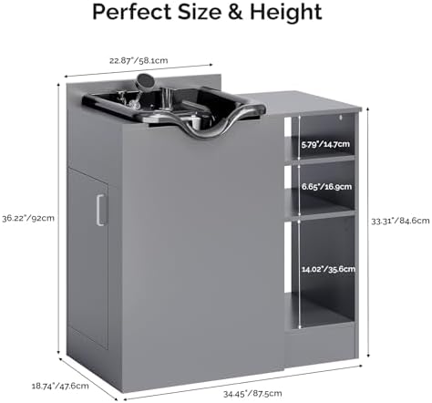 OmySalon Shampoo Bowl with Cabinet, Portable Salon Hair Washing Station with Adjustable Shelf, UPC Certified Faucet, Freestanding Backwash Sink for Barber, Beauty Salon, Spa, Grey - Image 6