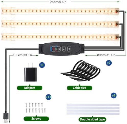 3 Head 9.4'' LED Grow Light Strips, 3000K Full Spectrum for Indoor Plants Plant Light with 3/9/12H Timer & 10 Dimmable Levels, Grow Lamp for Succulents, Seedlings,Hydroponics & Greenhouse - Image 6