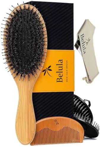 Belula Men's Hair Grooming Set, Boar Bristle and Nylon Pin Brush, Comb, Bag by Belula
