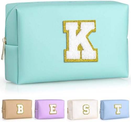TOPEAST Initial Cosmetic Bag, PU Leather Waterproof Travel Toiletry Bag, Monogrammed Gifts for Women, Personalized Birthday Gift for Sister Friends, Cute Stuff for Girls (Blue K) by TOPEAST
