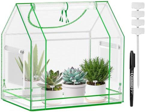Mini Greenhouse Indoor with Waterproof PE Bottom Mat, 27.5x19.6x27.1in Tabletop Greenhouse for Seed Starting, Portable Small Greenhouse for Outdoors, Multi-Window Design & 4 304 Stainless Steel Labels by Unknown