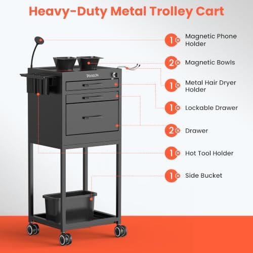 TASALON Salon Trolley Cart with Wheels, Lockable Metal Rolling Cart with Drawers, Magnetic Bowls & Phone Holder, Mobile Storage Organizer for Hair Stylist, Barber & Tattoo Supplies, Black - Image 5