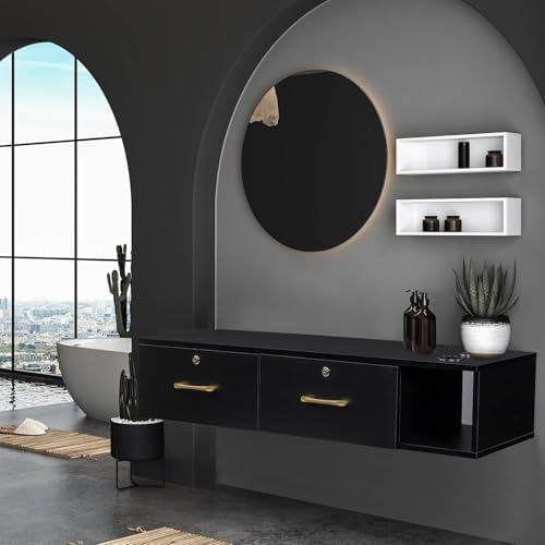 Wall Mount Salon Stations for Hair Stylist, Barber Station with 3 Hair Dryer Holes and 2 Lockable Drawers with Lock, Floating Makeup Vanity for Spa Barber Shop, Room, Beauty Salon, Bathroom (Black) - Image 2
