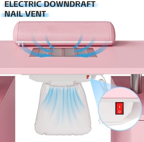 Manicure Table Nail Desk, Nail Station with Electric Dust Collector, Wrist Rest and Storage Drawers Cabinet, Beauty Salon Workstation for Nail Tech, Pink - Image 5