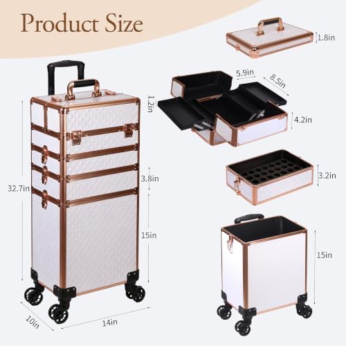 5 in 1 Rolling Makeup Train Case Professional Cosmetic Trolley Large Storage Organizer on Wheels for Hairstylist Artist Nail Beauty Salon Barber White - Gold Frame - Image 2