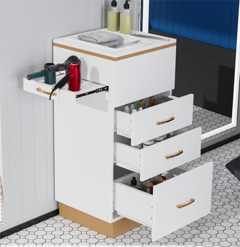Salon Station Barber Station, White Salon Stations for Hair Stylist, Hair Storage Cabinets with a Storage Basin, 3 Drawers & 3 Hair Dryer Holders, Beauty Salon Spa Equipment by OmySalon