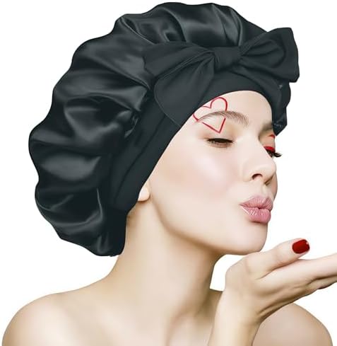 Silk Bonnet for Sleeping Women, Ajustable Hair Bonnet for Curly Hairs Satin Bonnet Reduce Friction Prevent Frizz Black，Large by CraftedforExcellence