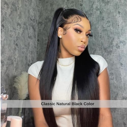 ALHER Small Cap Lace Front Wigs Human Hair Pre Plucked Straight 22 Inch, 13X4 Transparent Lace Frontal Wigs With Baby Hair 150% Density for Black Women, 12A Small Cap Size 21-21.5 Natural Black Wig - Image 5