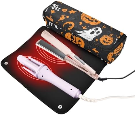 Hair Tools Travel Bag with Heat Resistant Mat Detachable 2-in-1 Curling Iron Travel Case Hot Tools Organizer for Straightener Flat Iron Gothic Funny Halloween Ghost and Pumpkins - Image 2