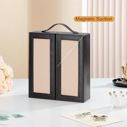 DesignSter Jewelry Box for Women, Jewelry Storage with Mirror, Travel Jewelry Organizer with Handle for Stud Earrings, Rings, Necklaces, Bracelets(Black Brown & Apricot) - Image 5