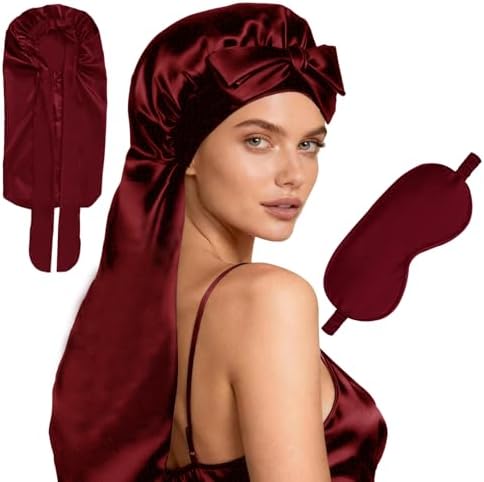 Womens 2Pcs Silk Satin Bonnet Long Hair Bonnets For Sleeping Silky Bonnet With Eye Mask Braids Curly Hairs Sleep Cap by WJingYiJia
