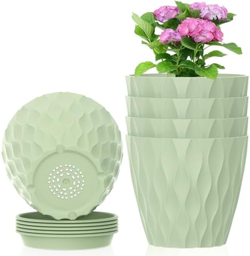 Meowell 4 inch Small Plastic Nursery Pots, 5 Pack Water Ripples Plant Pots for Indoor Plants, Flower Pots with Drainage Holes and Saucers, Seeding Starter Planters for Decorative, Green by Meowell