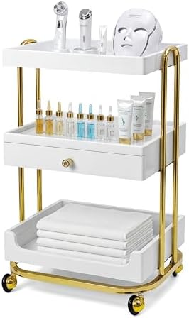 Elitzia Salon Spa Trolley Cart for Esthetician Metal Frame Carts with Rolling Wheels for Beauty Salon Esthetician Equipment Cart 3-Tier with Drawers Storage Beauty Esthetician Trolley ETDCART1 (White) by ElitziaCare
