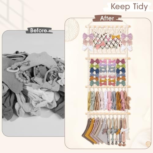 POVETIRE Headband Holder Hair Bow Organizer for Girls,Macrame Bow Holder Hair Accessories Organizer Storage Large Capacity Wall Hanging for Toddler Girl Nursery Room Decor - Image 3