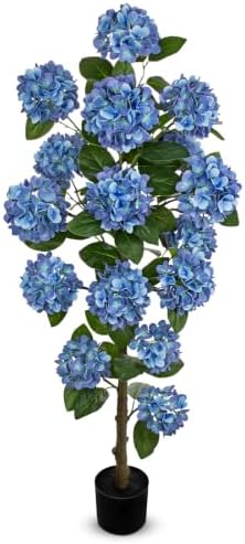 5FT Blue Hydrangea Artificial Flower Tree Large Faux Hydrangea Plant Potted by Hollyone