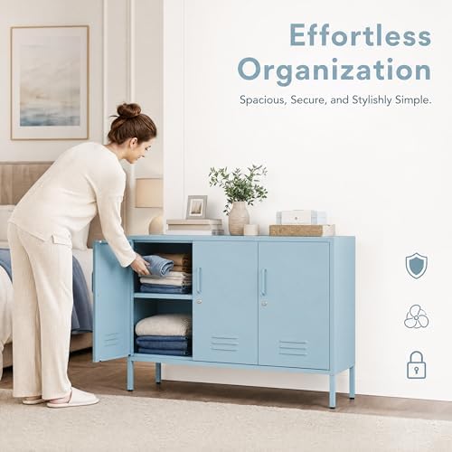 Blue Metal Storage Cabinet with Lock, 47.5" Wide Ventilated Door Locker, 2 Adjustable Shelves, Heavy Duty Home Accent Cabinet for Living Room Kitchen Office Study - Image 4