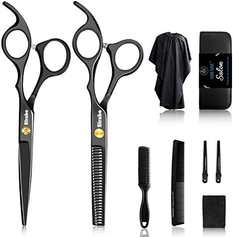Sirabe 10 PCS Hair Cutting Scissors Set, Professional Haircut Scissors Kit with Cutting Scissors, Thinning Shears, Comb, Cape, Clips, Black Hairdressing Texturizing Shears Set for Barber, Salon, Home by Sirabe