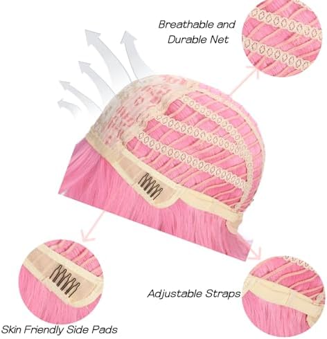 Sebast Pastel Bob Wigs with Bangs for Women Loose Wavy Wig Pastel Wavy Shoulder Length Bob Synthetic Cosplay Wig for Girl Colorful Costume Wigs (Pink) - Image 5