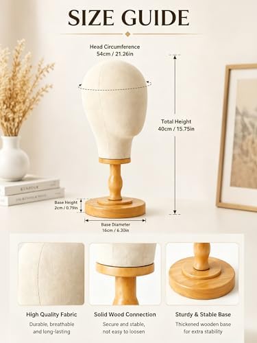 CHADWICK 21-Inch Linen Wig Head Stand with Wood Base, Beige - Image 3
