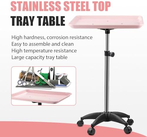 Salon Tray On Wheels Tattoo Tray Rolling Trolley Adjustable Height Storage Utility Cart for Clinic Spa Rolling Tray (Black) (Pink) - Image 5