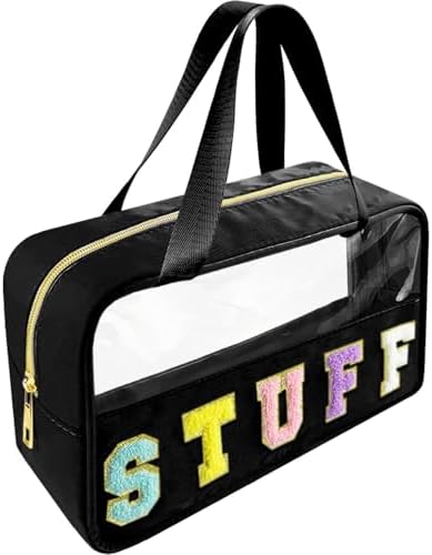 Bunliuys Chenille Letter Clear Makeup Bag Stuff Patch, Travel Toiletry Makeup Bag with Handle, Nylon Waterproof Makeup Bags clear cosmetic bag, preppy patch makeup bag for Women (STUFF-Black) by Bunliuys