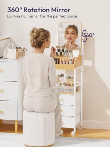 SWTYMIKI Makeup Organizer Cart with Mirror - Makeup Storage Vanity Dresser with Non-Woven Drawers, 360° Rotating HD Mirror, Rolling Organizer Cart for Skin Care Perfume Nail Polish Hair Tool White - Image 2