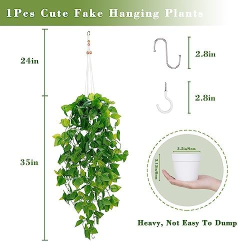 BLEUM CADE 1pcs Fake Hanging Plants Kit with Pot and Plant Hanger, Artificial Pothos Vines Hanging Potted Plant Greenery for Home Living Room Indoor Outdoor Decor - Image 2
