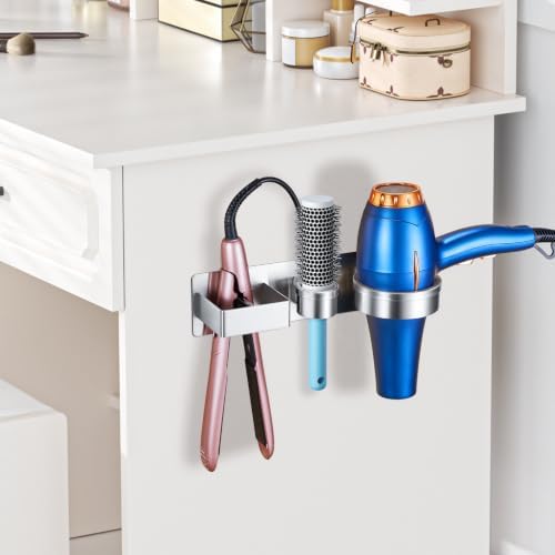 Hair Dryer Holder Wall Mounted Hair Straightener Holder, Blow Dryer Curling Iron Holder Metal, 3 in 1 Bathroom Hair Tools Organizer for Blow Dryer, Flat Irons, Hot Tool Holder (Silver) - Image 5