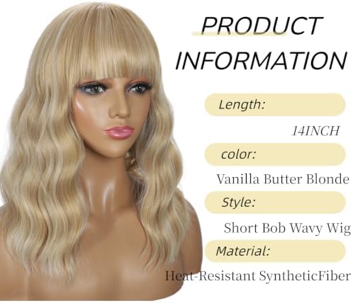 Sebast Pastel Bob Wigs with Bangs for Women Loose Wavy Wig Pastel Wavy Shoulder Length Bob Synthetic Cosplay Wig for Girl Colorful Costume Wigs (Vanilla Butter Blonde) - Image 2