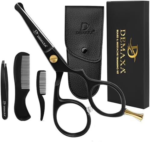 Premium 4.2 Blunt Tip Professional Mustache Scissors Beard Scissors for Men with Slanted Tweezers 1 Mustache Comb 1 Beard Comb & Pouch – Beard Trimming kit & Mustache Kit by DEMAXA