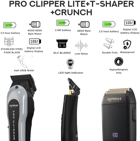 Supreme Trimmer 3-in-1 Barber Bundle | Pro Clipper Lite, DLC T-Shaper Trimmer & Crunch Foil Shaver | Professional Beard Trimmer Men’s Hair Clipper Kit | Black Lite Bundle - Image 2