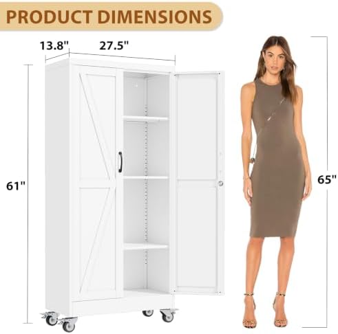 61" Metal Garage Storage Locker Cabinet with Wheels,Rolling White Lockable Tool Cabinet with 2 Doors and 3 Adjustable Shelves, Steel File Cabinet for Home Office Warehouse Gym - Image 3