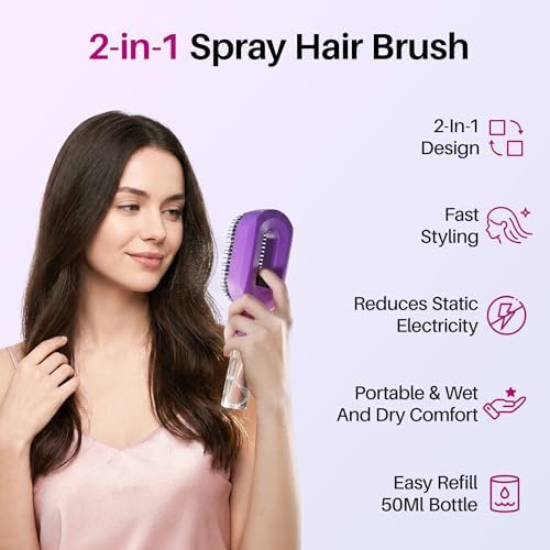 Hair Brush with Built-In Water Spray, Purple - Image 2