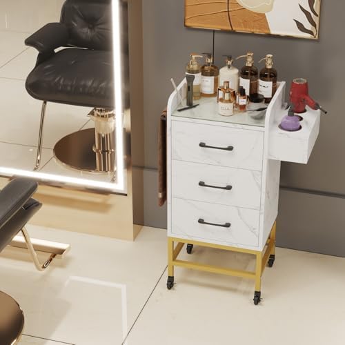 Salon Storage Trolley Cart with Glass Top, Rolling Barber Station (White) - Image 2