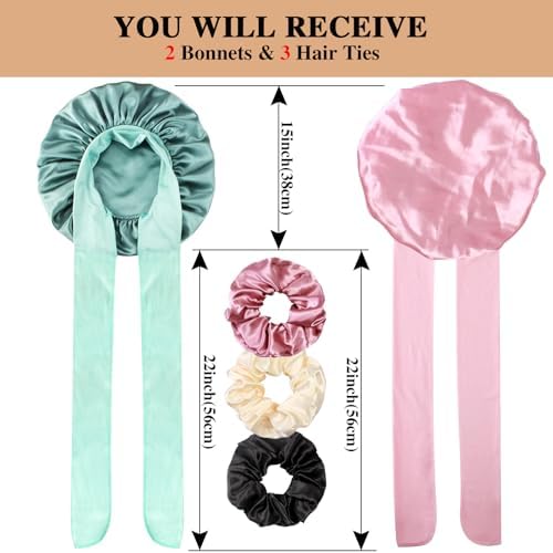 2+3 Large Satin Bonnets with Scrunchies for Women, Hair Bonnet Sleeping Tie Bonnet for Braids Curly Hair - Image 2