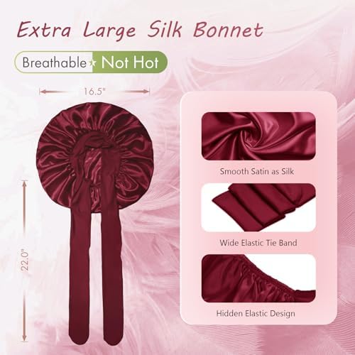 BONNET QUEEN XL Large Silk Like Bonnet for Sleeping for Curly Hair,Satin Bonnet with Adjustable Tie Band,Dark Red - Image 3