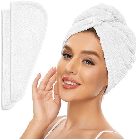 SimpleField 2 Pack Microfiber Hair Towel Wrap for Women, Anti Frizz Quick Drying Hair Turban for All Hair Style, Absorbent and Lightweight (Bright White) by SimpleField