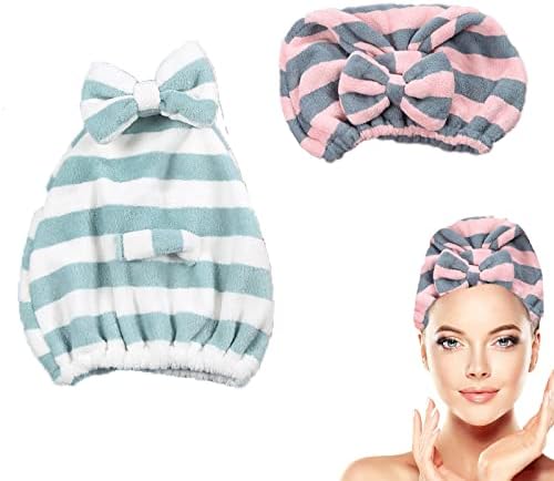 Large Microfiber Hair Towel Cap,Rapid Drying Towel For Hair,Ultra Soft Super Absorbent Hair Drying Towel Turban,Cute Green&Pink Bow Hair Towel Wrap,Hair Drying Towels For Women Fast Dry(2pack) by SHxxyljh