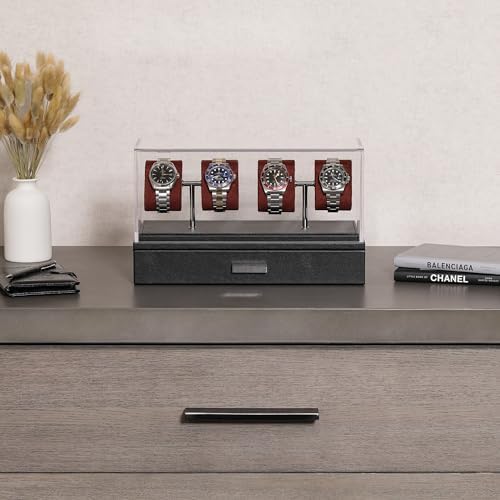 ROTHWELL Luxury Watch Display Case for 4 Watches – Leather Watch Box with Acrylic Cover and Removable Slide in Cushions – Accessory Drawer with Multiple Configurations (Black/Red) - Image 3