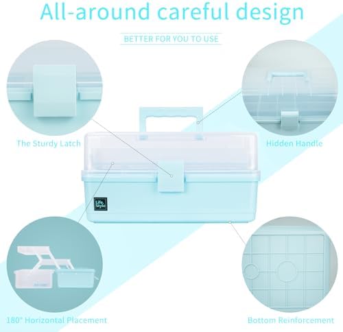 Creahaus 13 inch Art Craft Organizer Storage Box with 3 Layer, Multipurpose Plastic Tool Box with Handle for Sewing, Art Supply, Medicine, Nail, Hair Accessories (Blue) - Image 4