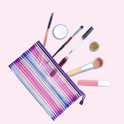 Mesh Bags with Zipper (6 Pack), Nylon Makeup Bag Cosmetic Pouches Travel Organizer Case for Purse Diaper Bag Home Organizing Striped Multi Size Purple - Image 2