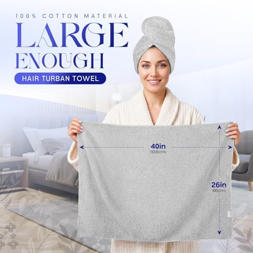 Lili&James Cotton Hair Towel Wrap for Women/Kids | Quick Dry, Soft & Absorbent Hair Wrap Towels with Double Button (Pack of 1, Grey Large) - Image 2