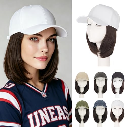 Rich Choices Hat Wigs for Women,White Baseball Cap with Hair Extensions for Women,Short Bob Hairstyle Caps with Straight Synthetic Hair Attached Adjustable Baseball Cap Wig 6 Inch-Dark Brown Hair by RichChoices