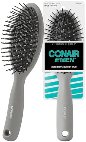 CONAIR Men Hair Brush, Men’s Detangler Brush for Everyday Brushing and All Hair Types, Flexible Cushion Base with Ball-Tipped Bristles Won’t Snag or Pull, Slate Gray by conair