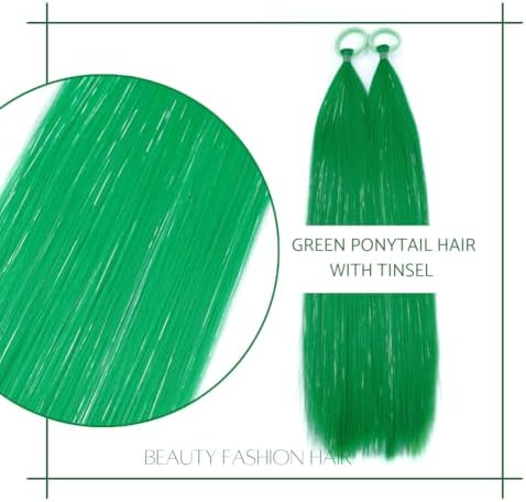 Dark Green Ponytail Extensions, Tinsel Hair Extensions for Women Girls Hair Accessories with Rubber Band Ponytail Hair Pieces Party Halloween Festival Wacky Hair Extension 2pcs/lot - Image 2