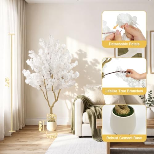 White Artificial Cherry Blossom Tree 6FT with Sturdy White Planter - Image 3