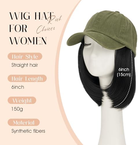 Rich Choices Hat Wigs for Women,Olive Green Baseball Cap with Hair Extensions for Women,Short Bob Hairstyle Caps with Straight Synthetic Hair Attached Adjustable Baseball Cap Wig 6 Inch Black Hair - Image 2